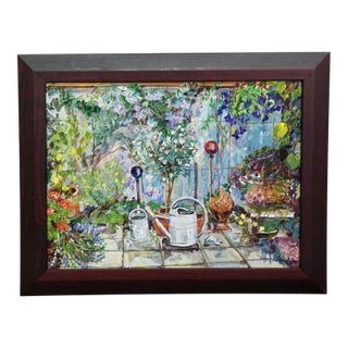 Garden Clematis With Watering Cans, 2000 – Oil Painting by Alexander Michael For Sale
