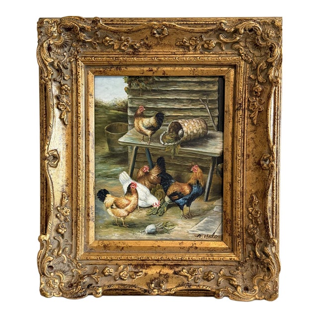 Vintage Signed Rooster and Chickens Oil Painting Farmyard Hen Scene, Gold Frame For Sale