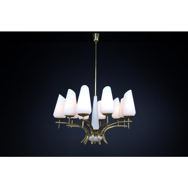 Mid-Century Modern Brass and Opaline Glass Chandelier, France, 1950s For Sale - Image 13 of 15