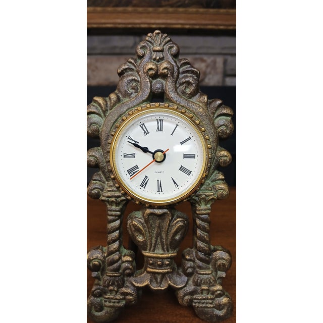 Metal Vintage Ornate Quartz Mantel Clock With Intricate Detailing For Sale - Image 7 of 12