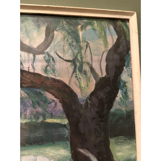 Lovely Vintage Impressionist Garden Backyard Scene Pastel Drawing – Patio Chair Under Tree, Framed For Sale In San Diego - Image 6 of 10