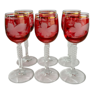 Bohemian Glass Cranberry Cut to Clear Vintage Cordial Glasses Gold Set of 6