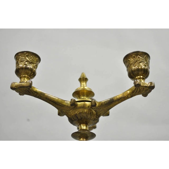 Metal Antique French Renaissance Gothic Figural Brass 16" Candelabra W/ Lions - A Pair For Sale - Image 7 of 12