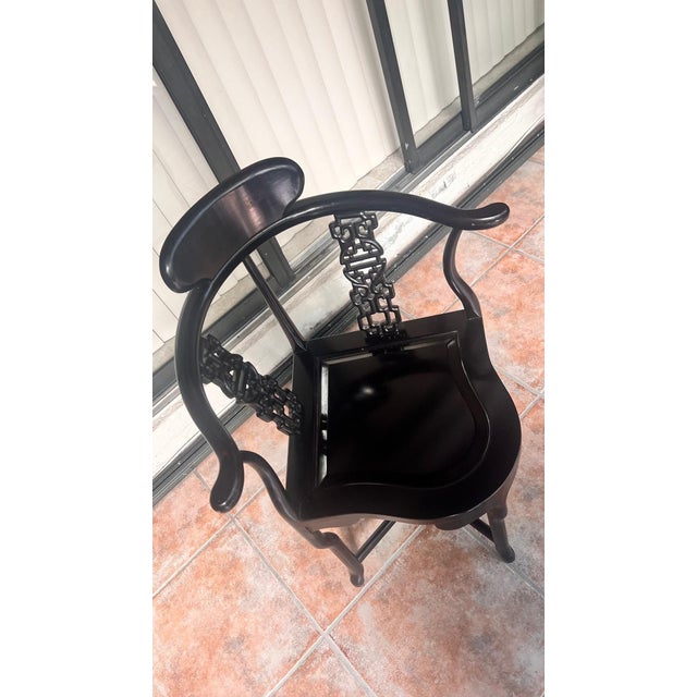 Wood 1990s Asian Black Lacquered Corner Chair For Sale - Image 7 of 8