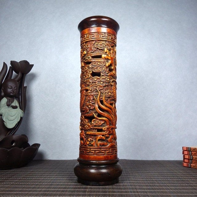 Traditional Late 19th Century Carved Rosewood Incense Tube With Dragon Motif, 420g For Sale - Image 3 of 9