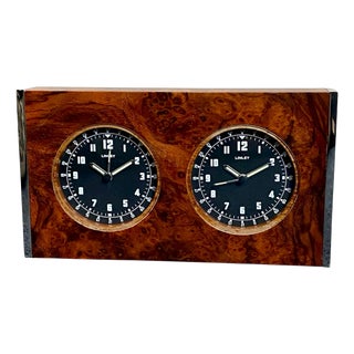 Linley Walnut Burl and Chrome Dual-Time Desk Clock, 2005 For Sale