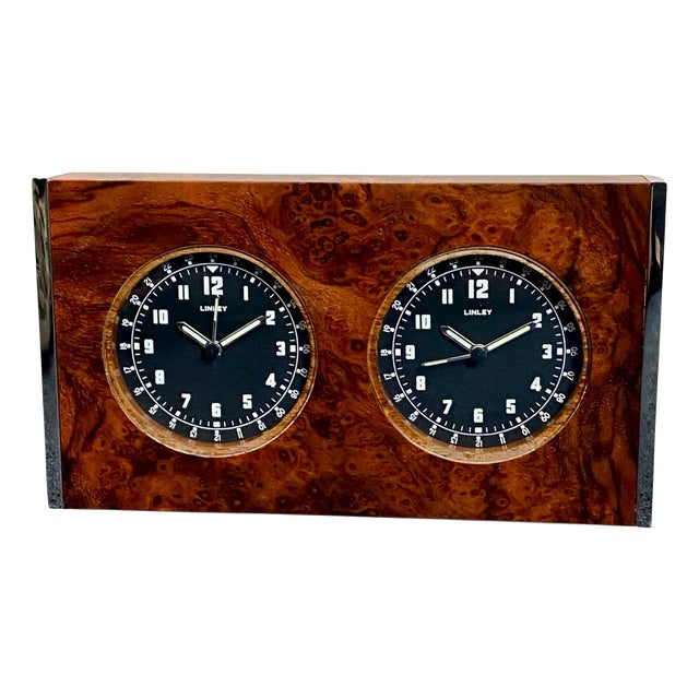 Linley Walnut Burl and Chrome Dual-Time Desk Clock, 2005 For Sale