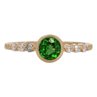 Tsavorite Garnet Ring With Earth-Mined Diamond Accents in Solid 14k Gold, Size 6.75 For Sale