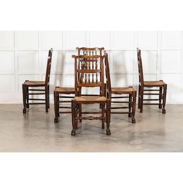 circa 1880 19thC English Oak Harlequin Set of 6 Oak & Rush Farmhouse Spindle Back Dining Chairs Width 50cm Depth 40cm...