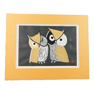 Mid 20th Century Kaoru Kawano "Three Eyes" Owls Woodblock Print With Seal MCM
