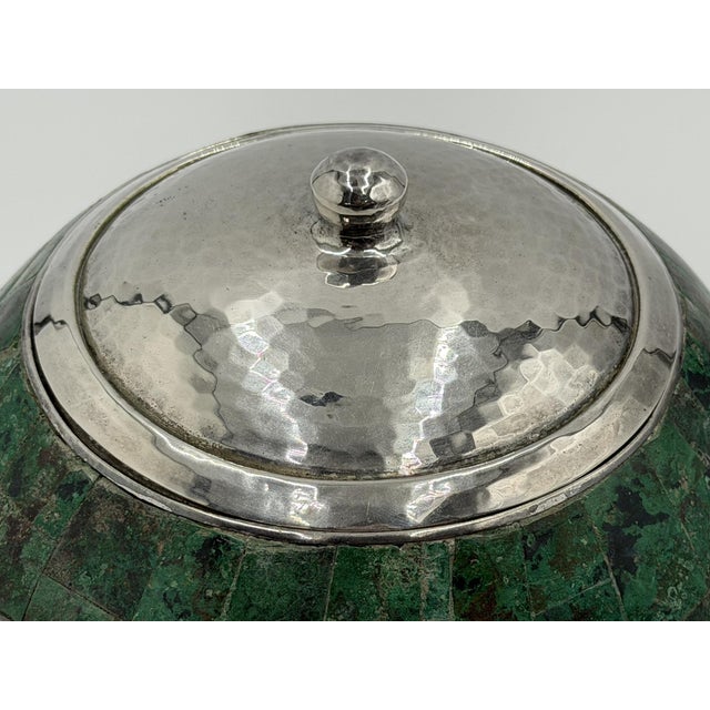 Silver Mid 20th Century Los Castillo Taxco Malachite Silver Plate Lidded Bowl, Mexican Modernist Silver For Sale - Image 8 of 18