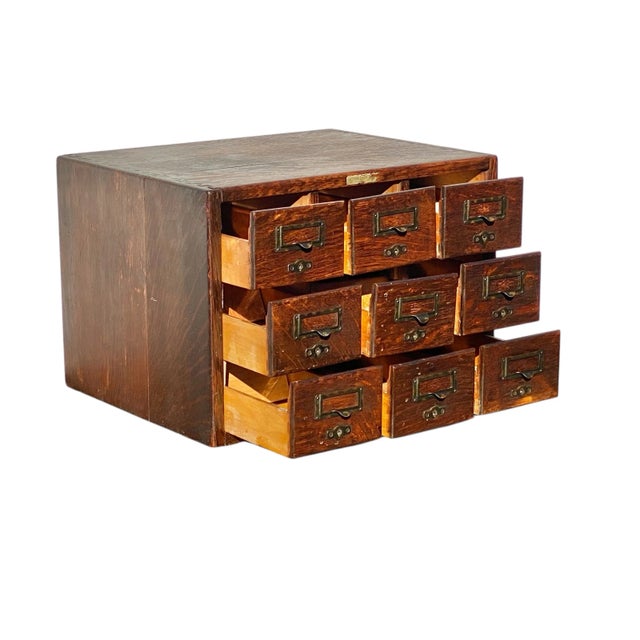 Antique Oak 9 Drawer Index Card Wood File Cabinet For Sale - Image 4 of 11