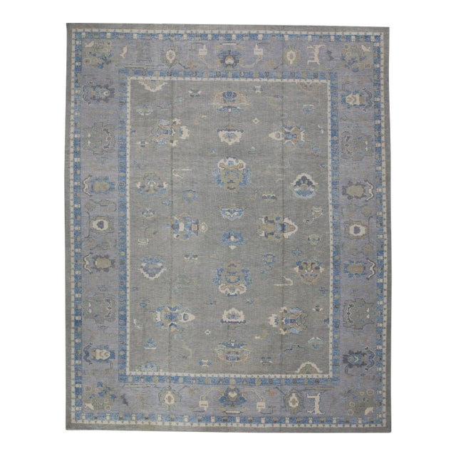 Early 21st Century Gray & Blue Floral Design Handwoven Wool Turkish Oushak Rug 11'6" X 15' For Sale