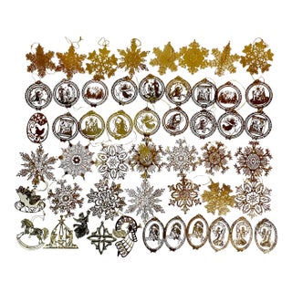 1960s Hollywood Regency Gold Filagree Christmas Ornaments - Set of 51. For Sale