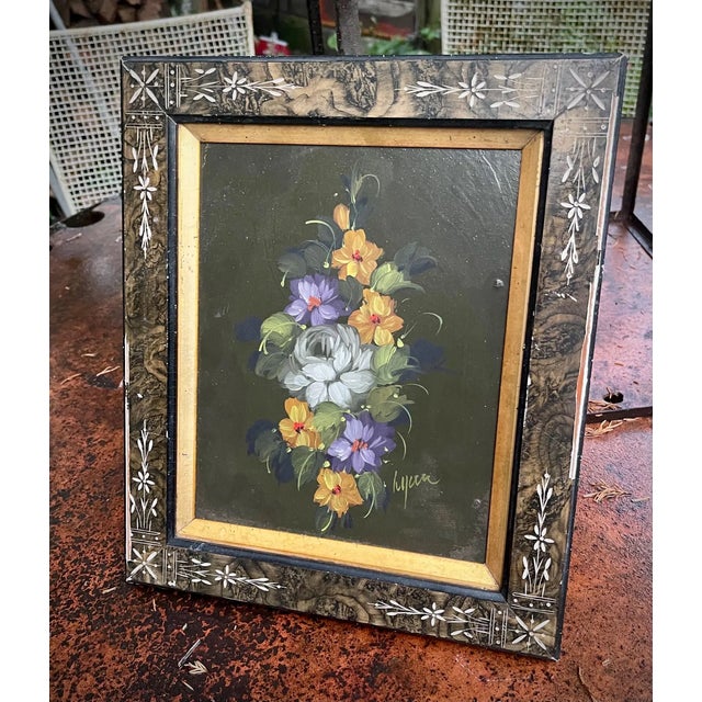 Brown Fantastic Original Authentic Antique Botanical Oil Painting 1920 Still Life Signed Cluster of Flowers Antique Frame For Sale - Image 8 of 8