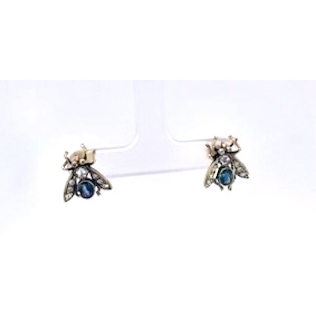 Antique Gold and Silver Bee Earrings With Sapphires and Diamonds, Pair For Sale - Image 10 of 13