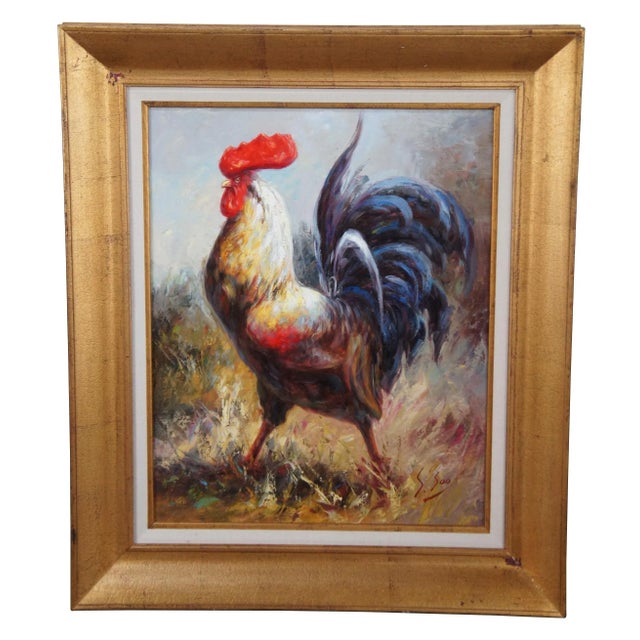 Impressionist Country Farmhouse Rooster Portrait Oil Painting on Canvas For Sale - Image 13 of 13