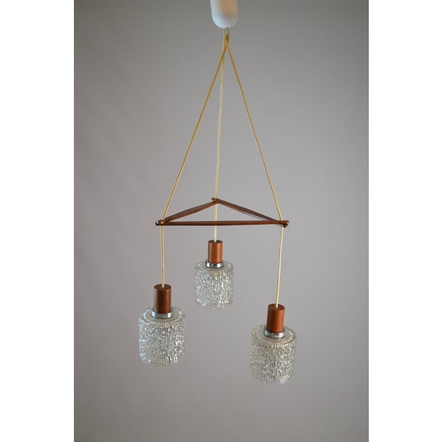 Carl Fagerlund Teak and Textured Glass 3-Light Pendant attributed to Carl Fagerlund, Denmark, 1960s For Sale - Image 4 of 17