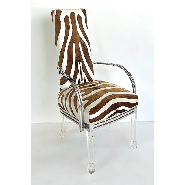 Mid-Century Modern Vintage Lucite, Chrome Armchairs Upholstered in Zebra Cowhide, Pair For Sale - Image 3 of 16
