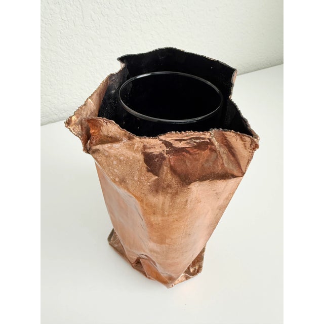 1980s Postmodern Copper Metal Paper Bag Vase For Sale - Image 5 of 11