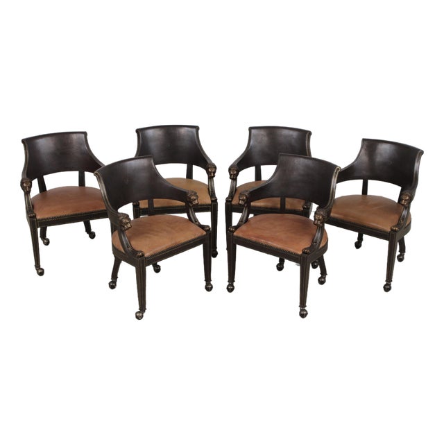 Set of 6 Maitland Smith Leather Lionhead Armchairs For Sale