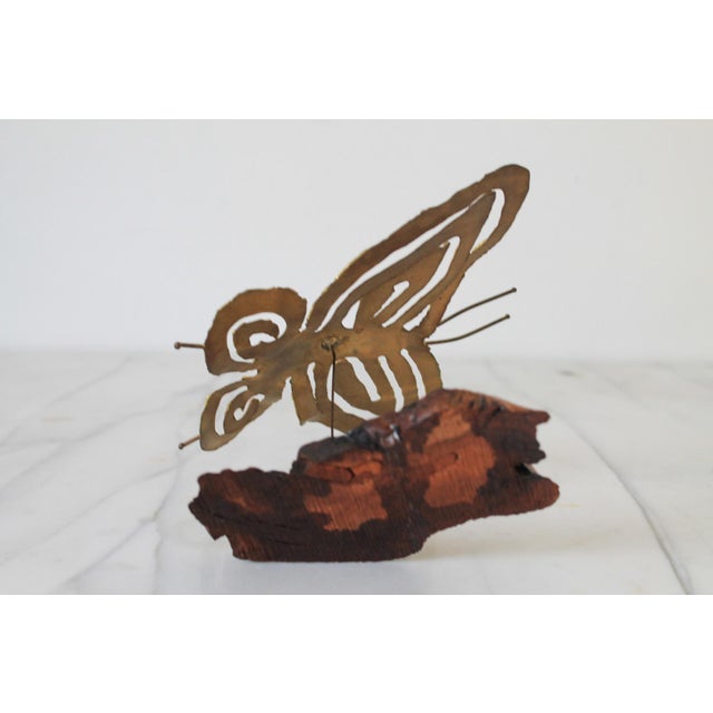 MId-Century Brutalist Brass Butterfly on Wood Stand For Sale - Image 9 of 9