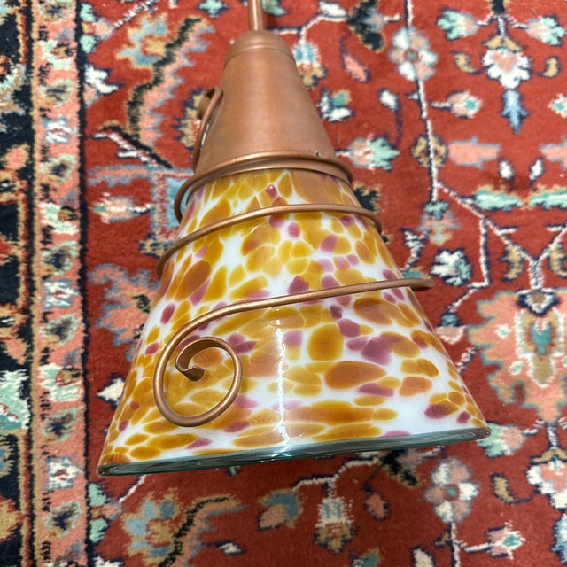 Copper Art Nouveau Art Glass + Copper Pendant Light For Sale - Image 8 of 12