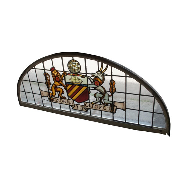 Set of 2 Antique Manchester English Stained Glass Palladian Windows Coat of Arms For Sale - Image 4 of 12