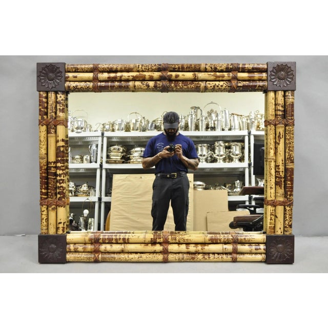 Late 20th Century Hollywood Regency Large Bamboo Wood Frame Tropical Rectangular Wall Mirror For Sale In Philadelphia - Image 6 of 8