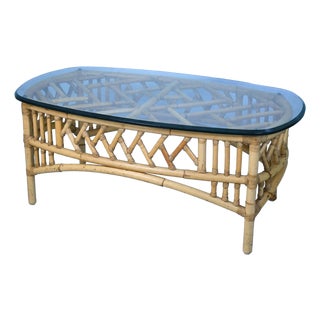 Late 20th Century Fretwork Burnt Bamboo Glass Top Coffee Table For Sale