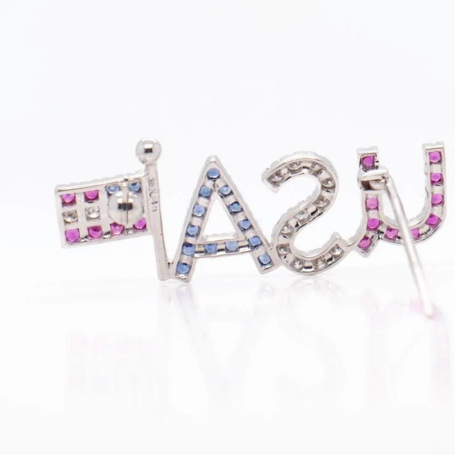 Vintage Patriotic 18k White Gold, Diamond, and Spinel Usa Flag Brooch or Pin For Sale - Image 11 of 11