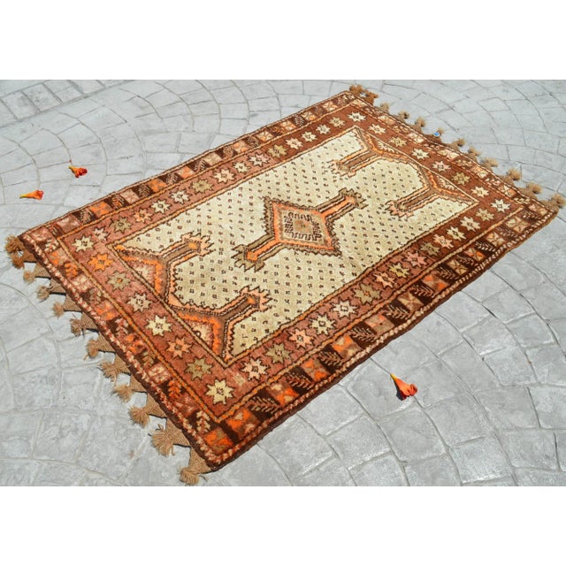 1960s Handmade Turkish Tribal Rug. Neutral Colors Petite Rug - 3'6" X 4'11" For Sale - Image 5 of 12