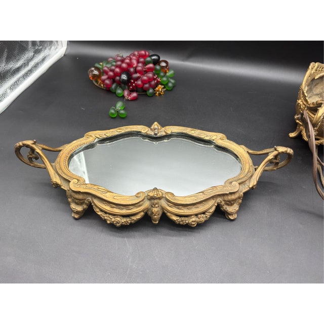 Glass Antique Czech Gilt Bronze Coupe and Plateua Centerpiece With a Bohemian Glass Fruit Arrangement. For Sale - Image 7 of 13
