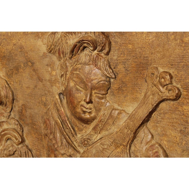 Brown Chinese Musician Trio Large Carved Wall Relief Sculpture For Sale - Image 8 of 13