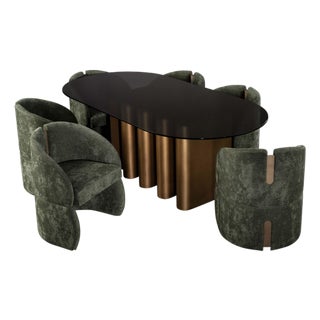 Romeo Glass Top Sculptural Oval Dining Table Set with 6 Green Velvet Chairs For Sale
