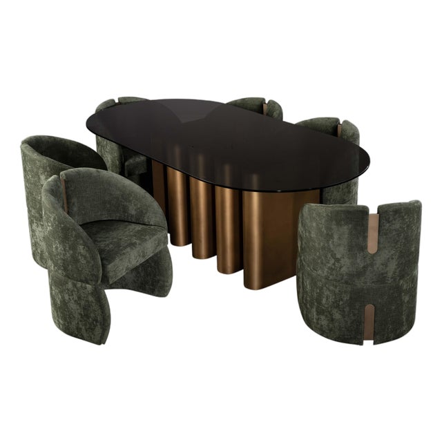 Romeo Glass Top Sculptural Oval Dining Table Set with 6 Green Velvet Chairs For Sale