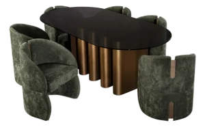 Romeo Glass Top Sculptural Oval Dining Table Set with 6 Green Velvet Chairs