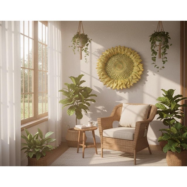 Yellow Substantial 26” Hand-Textured Artisan Ceramic Sunflower Statement Platter / Wall Art For Sale - Image 8 of 11