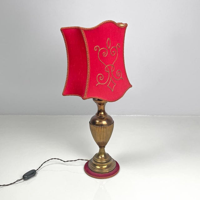 Mid-Century Modern Mid-Century Modern Italian Table Lamp Red Fabric Shade with Decorations, 1950s For Sale - Image 3 of 18