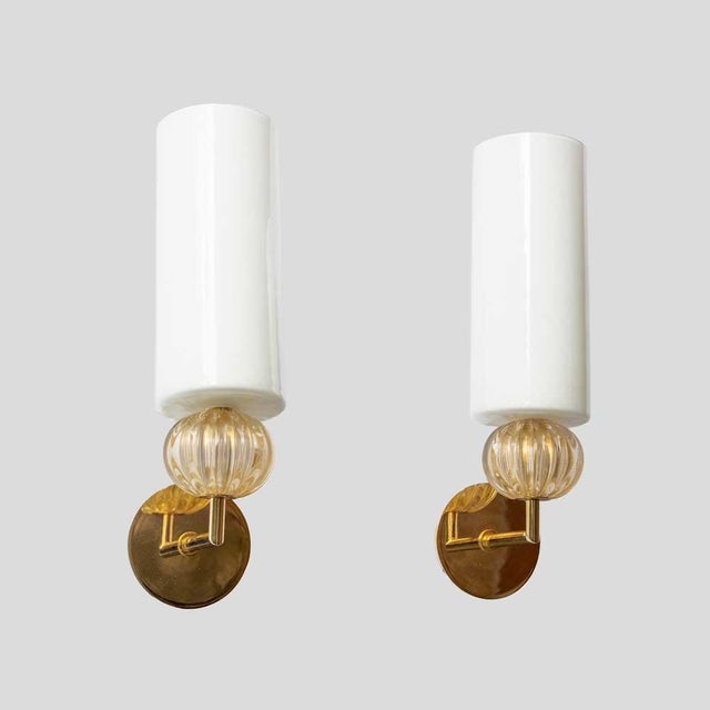 White and Gold Glass Wall Sconces, Set of 2 For Sale - Image 9 of 12