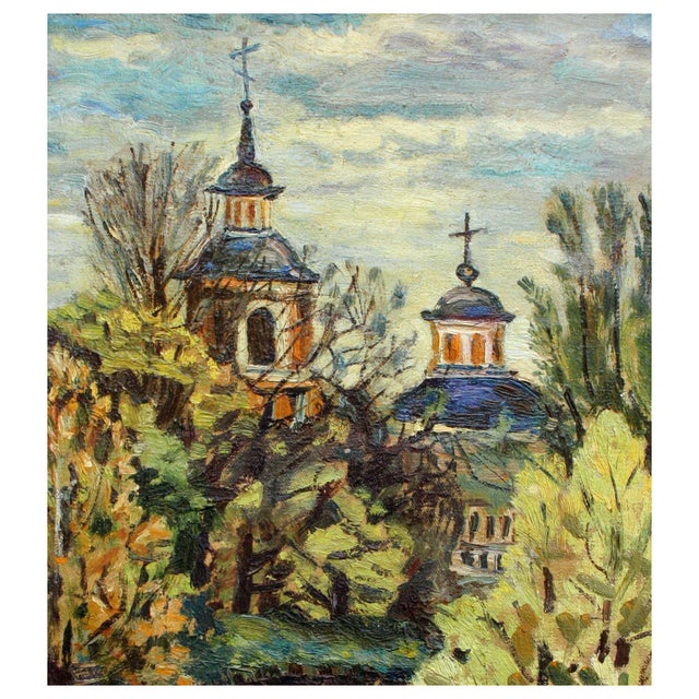Beautiful Impressionist landscape of the Alhambra, California cathedral surrounded by green, yellow and orange trees next...