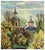 Beautiful Impressionist landscape of the Alhambra, California cathedral surrounded by green, yellow and orange trees next...