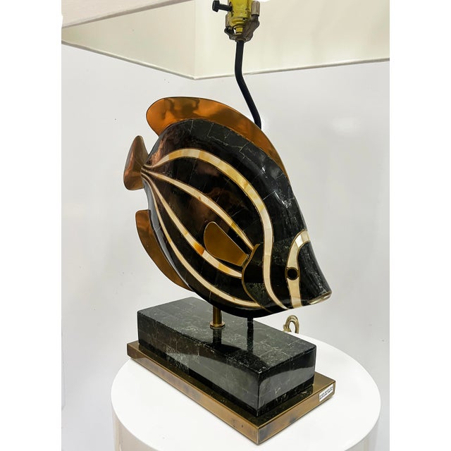 Modern Vintage Maitland Smith Tessellated Fish Lamp in Stone, Abalone, and Brass For Sale - Image 3 of 6