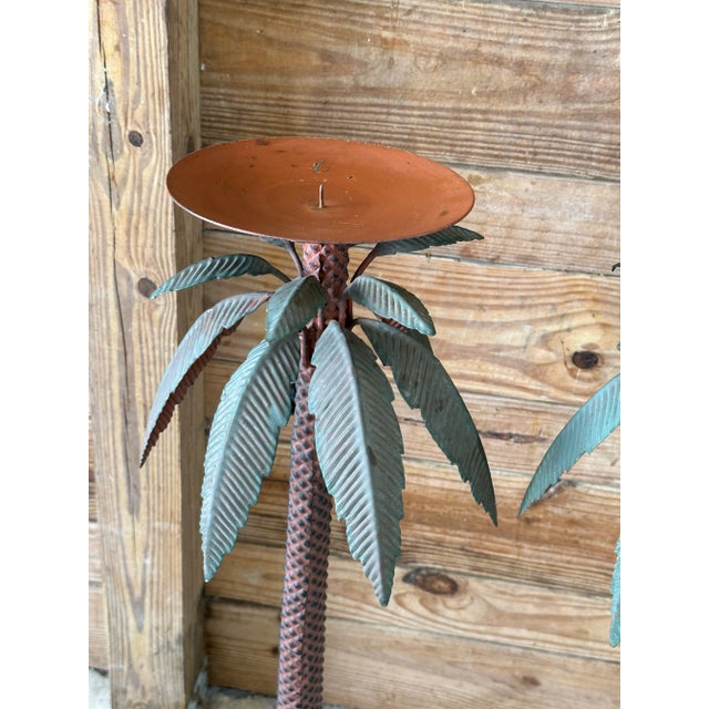 1980s Pair of Vintage Sculptural Metal Palm Tree Floor Candle Holders For Sale - Image 5 of 13