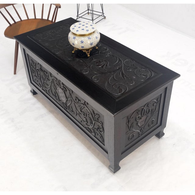 Early 20th Century Very Fine Carved Ebonized Mahogany Trunk Hope Chest Dated 1903 Super Clean For Sale - Image 5 of 12