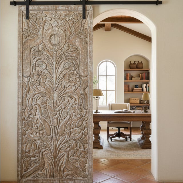 Vintage Carved Wood Tree of Life Door – Whitewash Sliding Wall Art Panel 80x36 For Sale In Orlando - Image 6 of 6