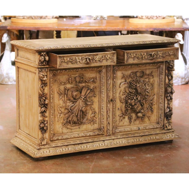 19th Century French Black Forest Carved Bleached Oak Buffet Cabinet For Sale - Image 10 of 18