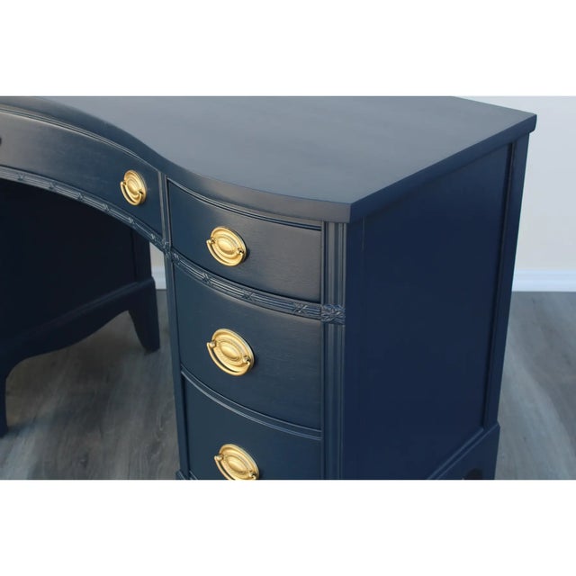 1970s Vintage Chippendale Pedestal Blue Desk For Sale - Image 4 of 6
