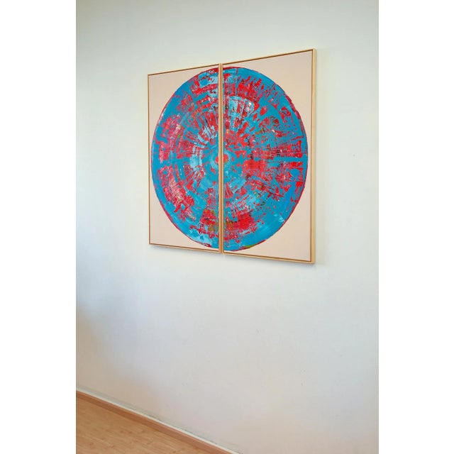 Cyan Red Circle Diptych, Contemporary Painting on Canvas, Framed For Sale - Image 4 of 12
