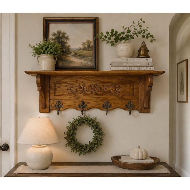 A charming golden honey tiger oak French Wall Shelf Coat and Hat Rack with four cherub hooks. Circa 1960s-1970s. This...